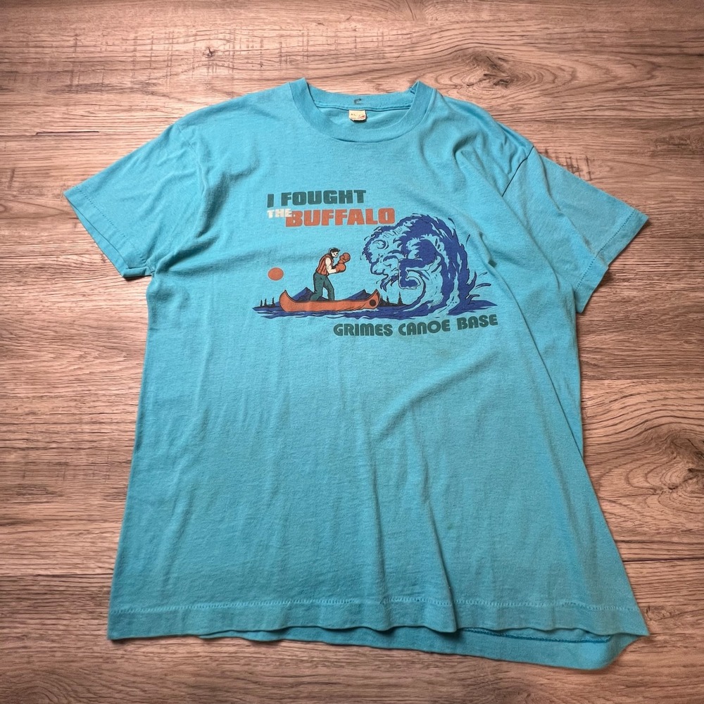 Screen Stars T-Shirt Mens XL Blue I Fought The Buffalo Grimes Canoe Base Vintage